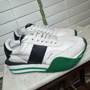 Tom Ford Men's White and Black Sneakers with Green Soles